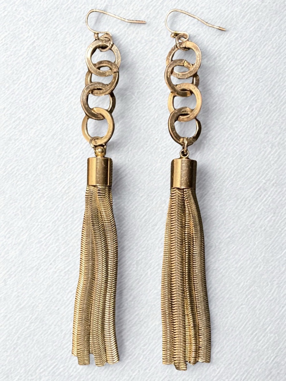 Vintage Liquid Gold Silver Tone Circular Hoop Tassel Statement Earrings